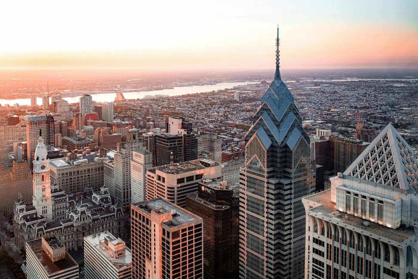 Philadelphia city skyline and river at sunset